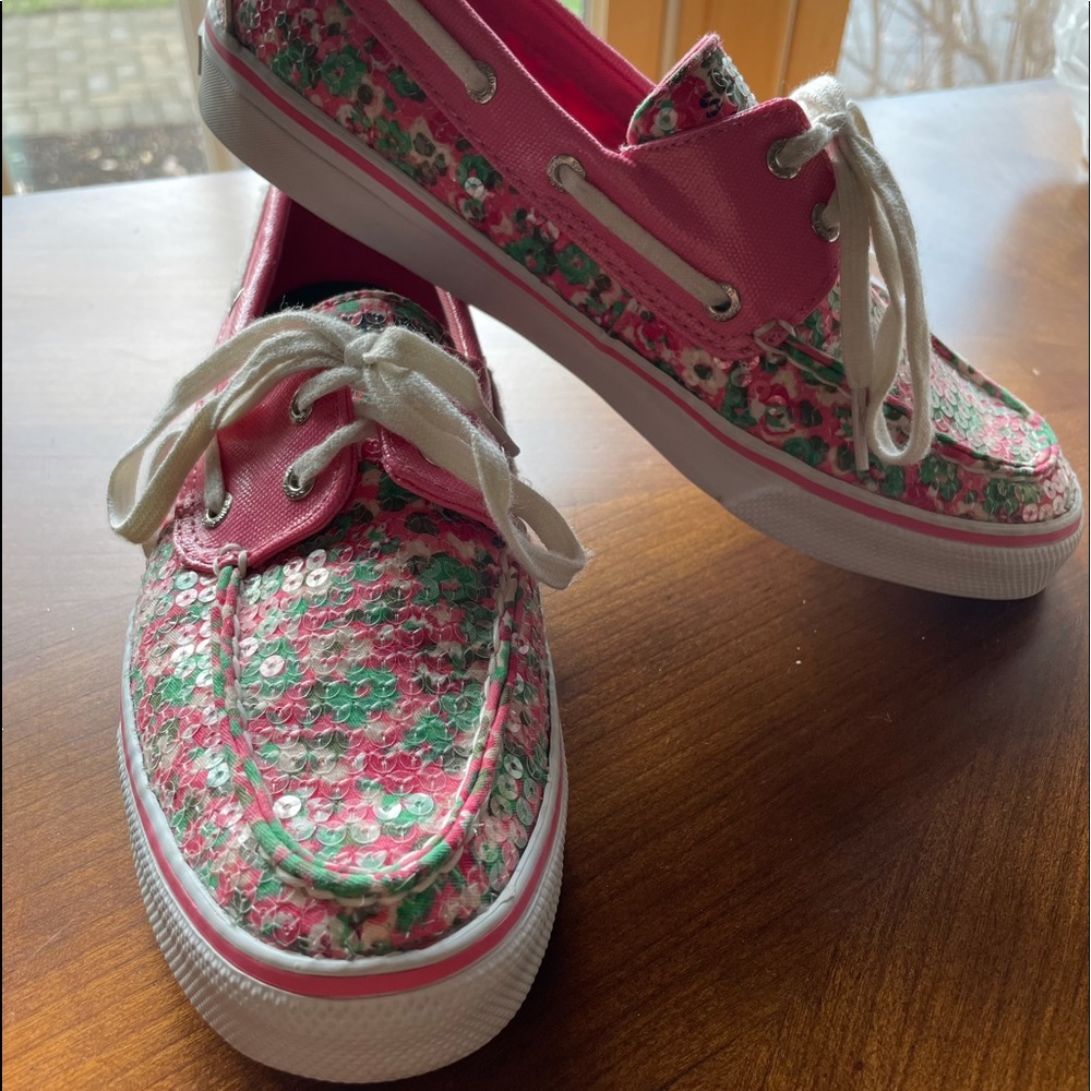 Sperry Biscayne Pink and Green Sequin Shoe